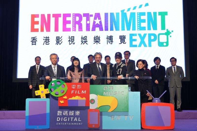 Pictured at the ceremony (front row, from left) are the Director-General of the TV Drama Department, State Administration of Press, Publication, Radio, Film and Television, Mr Li Jingsheng; the Executive Director of the Hong Kong Trade Development Council (HKTDC), Ms Margaret Fong; Mr Tsang; the Hong Kong Entertainment Ambassador, Leon Lai; and the Chairman of the HKTDC Entertainment Industry Advisory Committee, Ms Terry Lai, with other guests.