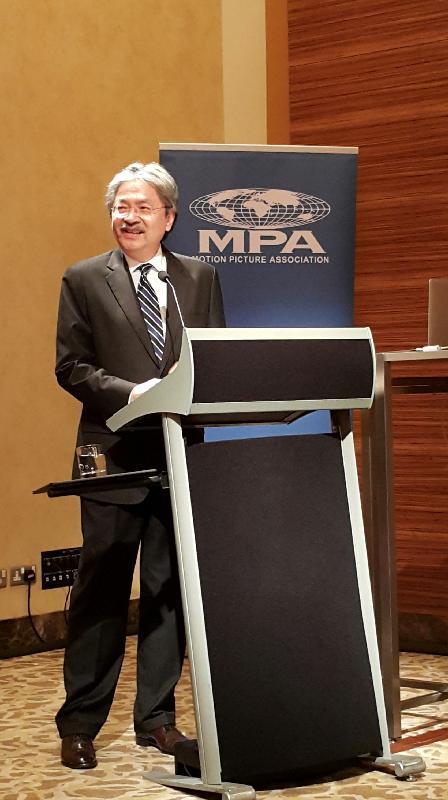 The Financial Secretary, Mr John C Tsang, delivers a keynote speech at the Asia-Pacific Regional Planning Session held by the Motion Picture Association today (June 17).